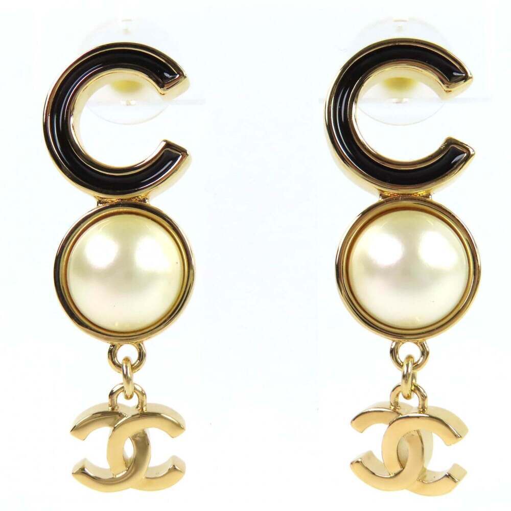 CHANEL Black Pearl Logo Earrings